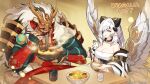  1boy 1girl angel_wings armor bowl chopsticks dragalia_lost eating food fudo_myo-o grey_eyes hair_over_one_eye holding holding_bowl holding_chopsticks japanese_armor looking_at_another noodles off_shoulder official_art pointy_ears shrimp shrimp_tempura singen_(dragalia_lost) tempura tiger white_hair wings 