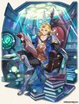  armored_boots black_gloves blonde_hair book book_stack boots dragalia_lost fingerless_gloves flask gauntlets gloves green_eyes holding holding_book indoors long_hair long_sleeves looking_down male_focus official_art open_book phares_(dragalia_lost) round-bottom_flask sitting smile test_tube_rack wavy_hair 