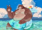  2022 absurd_res anthro belly big_belly bottomwear brown_body clothing cloud detailed_background hi_res humanoid_hands kemono male mammal navel outside overweight overweight_male qigiu shorts sitting solo swimwear ursid water 