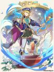  1boy aqua_ascot beret blonde_hair blue_headwear dragalia_lost earrings emile_(dragalia_lost) flower full_body green_eyes hat high_heels holding holding_staff jewelry juliet_sleeves long_sleeves looking_at_viewer male_focus official_art pants puffy_sleeves short_hair smile staff standing throne water white_flower white_footwear white_pants 