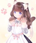 1girl :p animal_ears animal_hands apron blush brown_hair cat_ears cat_girl cat_tail commentary_request cowboy_shot dress gloves grey_dress highres long_hair looking_at_viewer mutou_mato original paw_gloves paw_print purple_eyes solo tail tongue tongue_out upper_body 