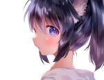  1girl animal_ear_fluff animal_ears black_hair blush close-up commentary_request face highres looking_at_viewer medium_hair mutou_mato open_mouth original ponytail purple_eyes sidelocks simple_background solo sweat upper_body white_background 