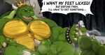  barefoot bodily_fluids claws crown cuff_(restraint) digital_media_(artwork) english_text feet foot_fetish fur glistening glistening_claws grasping green_body hi_res horn imminent_vore koopa male mammal mario_bros micro musclegut muscular nintendo nude open_mouth restraints scalie scarf shell sitting size_difference smile spikes sweat sweaty_feet tan_(artist) text tongue video_games white_body white_fur wrist_cuffs 