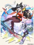  1boy 1girl black_headwear black_shorts blue_eyes breasts bright_pupils brown_legwear character_request cleavage_cutout clothing_cutout dragalia_lost earmuffs full_body gloves goggles goggles_on_headwear ilia_(dragalia_lost) large_breasts long_hair long_sleeves looking_at_viewer official_art open_mouth pantyhose red_scarf scarf short_shorts shorts smile snowboarding sweater turtleneck turtleneck_sweater white_gloves white_hair white_pupils 