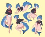  1girl :d ass azuumori barefoot black_sailor_collar black_shirt blue_hair breasts closed_eyes closed_mouth covered_navel english_commentary fish_tail full_body hair_between_eyes highres looking_at_viewer multiple_views neckerchief one-piece_swimsuit open_mouth original red_eyes red_neckerchief sailor_collar shark_fin shark_girl shark_girl_(azuumori) shark_tail sharp_teeth shirt short_hair short_sleeves smile swimsuit tail teeth 