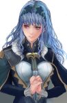  1girl blue_cape blue_dress blue_hair blue_hairband brown_eyes cape commentary dress fire_emblem fire_emblem:_three_houses fire_emblem_warriors:_three_hopes hairband highres jack_(kairuhaido) lace_hairband lips long_hair long_sleeves looking_away marianne_von_edmund own_hands_together parted_lips pink_lips simple_background solo teeth upper_body wavy_hair white_background 