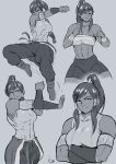  1girl abs absurdres avatar:_the_last_airbender avatar_(series) bangs bracer crossed_arms highres jumping korra long_bangs long_hair muscular muscular_female ponytail punching sarashi sketch speedl00ver sportswear stretch 