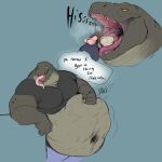  abdominal_bulge anthro azathura belly big_belly bodily_fluids dialogue duo hand_on_stomach hi_res male male/male mammal open_mouth oral_vore reptile rodent saliva scalie steam steamy_breath tongue tongue_out vore 