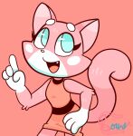  2019 4_fingers anthro blue_eyes bowsaremyfriends clothed clothing domestic_cat dress felid feline felis female fingers fur hand_on_hip hi_res looking_up mammal pink_background pink_body pink_fur shima_luan signature simple_background solo super_planet_dolan toony white_body white_fur 