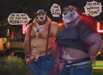  2022 anthro belly big_belly car clothing detailed_background duo english_text genitals hat headgear headwear hi_res humanoid_genitalia humanoid_hands humanoid_penis male male/male mammal moobs navel night nipples outside overweight overweight_male penis shirt st.boogie suspenders text topwear ursid vehicle 