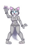  absurd_res anthro big_breasts big_tail blue_eyes breasts canid canine canis clothing disguise female fluffy fluffy_tail front_view fur grey_clothing hair hi_res humanoid looking_at_viewer luna_the_wolf mammal pawpads pink_pawpads smile solo sweatshirt tongue topwear twtr white_body white_fur white_hair wolf wolf_ears 