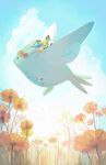  closed_mouth cloud commentary_request day falling_petals flower flying from_below gigigimimi highres no_humans orange_flower outdoors petals pichu pokemon pokemon_(creature) riding riding_pokemon sky smile togekiss 