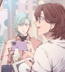  2boys :d adam&#039;s_apple asymmetrical_hair blue_eyes blue_hair brown_eyes brown_hair cafe closed_mouth collared_shirt cup fingernails food food_art from_behind glasses hair_between_eyes holding holding_phone kashiyado kotobuki_reiji looking_at_object looking_to_the_side male_focus menu mikaze_ai multiple_boys open_collar out_of_frame parfait phone pink_shirt profile shirt short_hair short_sleeves smile straight-on t-shirt turtleneck undershirt upper_body uta_no_prince-sama white_shirt wide-eyed 