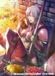  1girl armor bread breastplate brick_wall dried_fish eating effie_(fire_emblem) fire_emblem fire_emblem_cipher fire_emblem_fates food fruit green_eyes hair_bun holding holding_polearm holding_weapon looking_at_viewer meat momose_hisashi official_art open_mouth polearm weapon 