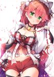  1girl alternate_costume blush breasts cleavage collarbone commentary_request green_eyes hair_ornament highres hololive hood hoodie medium_breasts navel niwasane_(saneatsu03) open_mouth petals pink_hair sakura_miko shorts solo virtual_youtuber white_background 