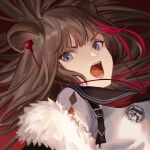  1girl animal_ears arknights artist_name bear_ears black_collar blue_eyes brown_hair brown_jacket brown_sailor_collar brown_shirt collar frown fur-trimmed_jacket fur_trim hasegawamorito highres jacket light_blush long_hair looking_at_viewer multicolored_hair necktie off_shoulder open_clothes open_jacket pink_background red_hair red_necktie sailor_collar shirt simple_background solo split_mouth streaked_hair upper_body vest white_vest zima_(arknights) 