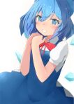  1girl absurdres blue_dress blue_eyes blue_hair blush bow cirno dress eyebrows_visible_through_hair grin hair_between_eyes hair_bow highres ice ice_wings looking_at_viewer mizune_(winter) puffy_short_sleeves puffy_sleeves red_ribbon ribbon short_hair short_sleeves smile solo teeth touhou wings 