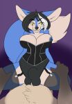  ambiguous_gender anthro biped black_hair blue_body blue_fur canid canine clothing corset duo fox fur garter_straps gynomorph hair hands_on_thighs herm hi_res intersex intersex/ambiguous lingerie mammal nipple_slip pmoss sitting_on_chest smile smirk topwear xial yellow_eyes 