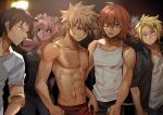  1girl 4boys ashido_mina bakugou_katsuki blonde_hair boku_no_hero_academia colored_skin fight_club horns kadeart kaminari_denki kirishima_eijirou multiple_boys pink_hair pink_skin red_eyes red_hair sero_hanta smile topless_male 