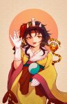  1other androgynous black_hair bow candle fang flower gloves hair_flower hair_ornament highres horns japanese_clothes kimono lakenightbug len&#039;en new_year obi red_bow red_eyes sash taira_no_chouki white_gloves wide_sleeves yellow_kimono 