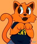  2019 3_fingers anthro black_eyes blue_clothing blue_shirt blue_topwear bottomwear bowsaremyfriends clothed clothing cool_cat cool_cat_(series) cute_fangs domestic_cat eyebrows felid feline felis fingers fluffy fur hi_res looking_aside male mammal open_mouth orange_background orange_body orange_fur pants paw_pose pose raised_eyebrow shirt signature simple_background solo t-shirt toony topwear 