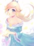  1girl absurdres bare_shoulders blonde_hair blue_eyes brooch crown dress earrings highres jewelry light_blue_dress looking_up mario_(series) norimaki_(nrmk_norinori) off-shoulder_dress off_shoulder open_mouth rosalina star_(symbol) star_earrings super_mario_galaxy white_background 
