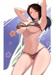  1girl absurdres animal_print armpits arms_behind_head arms_up bangs bikini black_hair blue_eyes breasts bright_pupils closed_mouth cosplay cowboy_shot frown fur_bikini girls_und_panzer glaring half-closed_eyes highres horns large_breasts lightning long_hair looking_at_viewer lum lum_(cosplay) navel nonna_(girls_und_panzer) oni_horns outline print_bikini solo standing starry_background strapless strapless_bikini swept_bangs swimsuit tiger_print tiger_stripes urusei_yatsura varie7k voice_actor_connection white_outline white_pupils yellow_bikini 