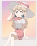  1980s_(style) 1girl alternate_costume bangs belt blonde_hair breasts chocomiru cleavage commentary earrings hat jewelry long_hair looking_at_viewer mario_(series) official_alternate_costume pink_skirt princess_peach retro_artstyle shiny shiny_hair skirt solo sun_hat super_mario_odyssey 