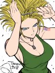  1girl american_flag_tattoo arm_tattoo big_hair blonde_hair blue_eyes breasts cleavage closed_mouth comb combing fingernails flat_color genderswap genderswap_(mtf) green_shirt guile hair_brushing highres holding holding_comb jewelry large_breasts long_fingernails mole mole_under_eye necklace serious shadow shark shiny shiny_clothes shirt simple_background sleeveless sleeveless_shirt solo street_fighter takumi_watanuki tattoo white_background 