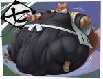 4_toes 5_fingers anthro asian_clothing belly belly_expansion belly_inflation big_belly big_bulge black_clothing bleach_(series) blush body_inflation bottomwear brown_body brown_fur bulge canid canine canis cheek_bulge claws clothing countershading east_asian_clothing expansion feet fingers footwear fur geta gradient_background hakama haori hose_in_mouth hose_inflation huge_bulge hyper hyper_bulge inflation japanese_clothing looking_at_belly looking_down looking_down_at_self male mammal milkybody moobs motion_lines puffed_cheeks sajin_komamura shadow simple_background sitting solo taped_mouth toes wolf yellow_sclera 