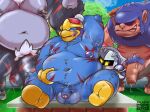  2022 absurd_res anthro ape avian balls belly big_belly bird blue_body bonkers_(kirby) el_booki genitals gorilla gorimondo_(kirby) group haplorhine hi_res king_dedede kirby_(series) kirby_and_the_forgotten_land male male/male mammal meta_knight moobs navel nintendo nipples outside overweight overweight_male penguin penis primate sitting video_games wild_bonkers 