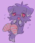  2021 ambiguous_gender anthro blush bodily_fluids cheek_tuft clothing cute_fangs espurr facial_tuft flucosse fluffy fluffy_tail grey_body hi_res legwear looking_at_viewer neck_tuft nintendo open_mouth pattern_clothing pattern_legwear pink_eyes pok&eacute;mon pok&eacute;mon_(species) purple_background simple_background solo striped_clothing striped_legwear stripes sweat sweatdrop tuft video_games white_hands 