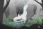  2018 5_fingers albino anthro bathing belly belly_markings big_tail biped cel_shading crusch_lulu cute_fangs detailed_background digital_drawing_(artwork) digital_media_(artwork) digitigrade eyelashes eyes_closed female fingers flat_chested forest front_view humanoid_hands leg_markings lizard lizardman_(overlord) long_neck long_tail markings mato_mizuku neck_markings nude open_mouth open_smile outside overlord_(series) pink_markings plant pupils reptile scalie shaded slit_pupils smile solo tail_markings thick_tail thick_thighs thigh_markings three-quarter_view tree tribal tribal_markings water waterfall white_body 