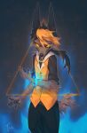  absurd_res anthro black_nose canid canine clothed clothing fur grey_body grey_fur hair hi_res male mammal orange_eyes orange_hair reysi smile solo 