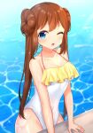  1girl ;o alternate_costume arm_support banned_artist blue_eyes blush breasts brown_hair cleavage collarbone commentary_request covered_navel double_bun highres long_hair looking_at_viewer one-piece_swimsuit one_eye_closed pokemon pokemon_(game) pokemon_bw2 pool rosa_(pokemon) shiny shiny_hair shiny_skin solo sparkle swimsuit takahara twintails water wet white_swimsuit 