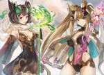  2girls animal_ears ass_visible_through_thighs bangs bare_shoulders blunt_bangs bow_(weapon) breasts brown_eyes brown_hair bustier cape cleavage closed_mouth covered_navel covered_nipples cowboy_shot crossed_bangs detached_sleeves dress erune eyebrows_visible_through_hair fur_trim granblue_fantasy hair_ornament holding holding_weapon large_breasts light_brown_hair long_hair looking_at_viewer medium_breasts medium_hair metera_(granblue_fantasy) mole mole_under_mouth multiple_girls nstch_root_a purple_eyes short_dress siblings sideboob sideless_outfit sidelocks sisters smile smirk sutera_(granblue_fantasy) twintails very_long_hair weapon 