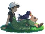  1boy arm_support bangs bird black_footwear black_hair black_shirt blue_eyes closed_mouth eyelashes from_side goh_(pokemon) grass green_overalls hat highres male_focus minato_(mntnm) overalls pokemon pokemon_(anime) pokemon_journeys pokemon_on_leg sandals shirt short_hair short_sleeves sitting t-shirt taillow white_background white_headwear wristband zigzagoon 