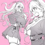  1girl antenna_hair artist_name bangs barbed_wire blush bow bowtie breasts choker cleavage danganronpa_(series) danganronpa_v3:_killing_harmony fingerless_gloves from_side gloves goggles goggles_on_head iruma_miu large_breasts long_hair messy_hair miniskirt multiple_views pink_background pleated_skirt simple_background skirt teeth togi9999 tongue tongue_out upper_teeth 
