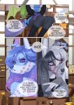  2022 anthro blue_hair breasts canid canine clothed clothing comic digital_media_(artwork) english_text eyebrows eyelashes female green_hair hair hi_res mammal purple_sclera red_eyes sitting sorafoxyteils text 