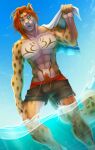  2022 5_fingers abs anthro blue_eyes brown_hair clothed clothing day detailed_background digital_media_(artwork) felid feline fingers hair hi_res male mammal outside partially_submerged sky solo suzamuri water 