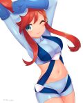  1girl ;) arms_up bangs banned_artist blue_eyes blue_gloves blue_jacket blue_shorts breasts closed_mouth commentary_request cowboy_shot cropped_jacket gloves hair_ornament highres jacket midriff navel one_eye_closed one_side_up pokemon pokemon_(game) pokemon_bw red_hair short_hair_with_long_locks short_shorts shorts sidelocks skyla_(pokemon) smile solo stretch takahara turtleneck 