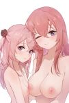  asymmetrical_docking breast_press breasts completely_nude flower hair_flower hair_ornament height_difference highres inui_sajuna inui_shinju large_breasts luma_li nipples nude nuzzle one_eye_closed pink_hair purple_eyes siblings sisters small_breasts sono_bisque_doll_wa_koi_wo_suru white_background yuri 