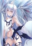  1girl bangs banned_artist bare_shoulders breasts brown_eyes dragon_wings dress fairy_knight_lancelot_(fate) fairy_knight_lancelot_(final_ascension)_(fate) fate/grand_order fate_(series) forked_eyebrows grin horns kyoeiki long_hair looking_at_viewer panties pelvic_curtain revealing_clothes sideboob sidelocks small_breasts smile solo tail thighs underwear white_dress white_hair white_panties wings 