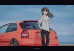  1girl bangs black_hair black_pants bokuya brown_eyes car collarbone commentary contrapposto film_grain floating_hair ground_vehicle hair_behind_ear hair_between_eyes hand_in_pocket highres honda_civic honda_civic_type_r letterboxed looking_at_viewer mole mole_under_eye motor_vehicle original pants parted_lips shirt short_sleeves single_stripe solo standing sweatpants t-shirt vehicle_focus white_shirt white_stripes 