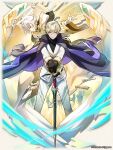  2boys angel angel_wings aqua_eyes basileus black_gloves blonde_hair capelet dragalia_lost fingerless_gloves full_body gloves holding holding_sword holding_weapon jacket looking_at_viewer male_focus mechanical_halo michael_(dragalia_lost) multiple_boys official_art pants purple_capelet short_hair sword weapon white_gloves white_hair white_jacket white_pants wings 