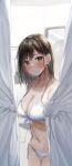  1girl :o bangs bikini black_hair blush breasts cleavage collarbone commentary commentary_request curtains fitting_room highres large_breasts looking_at_viewer medium_hair navel original parted_lips rouka_(akatyann) swimsuit white_bikini yellow_eyes 