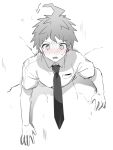  1boy arrow_(symbol) bangs blush breast_pocket collared_shirt danganronpa_(series) danganronpa_2:_goodbye_despair hinata_hajime male_focus midou_(grk12138) necktie open_mouth pocket shirt short_hair short_sleeves solo through_wall upper_body 