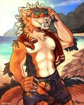  anthro athletic athletic_anthro athletic_male beach black_body black_fur bottomwear bulge clawed_fingers clothing eyewear eyewear_on_head facial_piercing fangs fur hi_res male mammal nipples nose_piercing orange_body orange_fur outside pagrynga piercing sabertooth_(anatomy) seaside shirtless shirtless_male smile solo sunglasses sunglasses_on_head swimming_trunks swimwear towel towel_around_neck white_body white_fur 