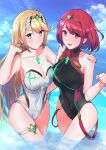  2girls :d bangs bare_shoulders beach blonde_hair breasts chest_jewel closed_mouth commentary_request competition_swimsuit covered_navel eyebrows_visible_through_hair gem hand_on_another&#039;s_shoulder headpiece highres jewelry kikuwata large_breasts long_hair looking_at_viewer multiple_girls mythra_(radiant_beach)_(xenoblade) mythra_(xenoblade) one-piece_swimsuit outdoors partially_submerged pyra_(pro_swimmer)_(xenoblade) pyra_(xenoblade) red_eyes red_hair short_hair smile strapless strapless_swimsuit swept_bangs swimsuit thigh_strap thighs tiara very_long_hair white_swimsuit xenoblade_chronicles_(series) xenoblade_chronicles_2 yellow_eyes 