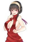  1girl absurdres bangs bare_shoulders black_hair blush breasts cleavage cleavage_cutout clenched_hand clothing_cutout embarrassed eyebrows_visible_through_hair furrowed_brow hairband hand_up highres kuroeart large_breasts long_hair meme_attire open_mouth raised_eyebrows red_eyes red_sweater short_hair_with_long_locks sideboob simple_background solo spy_x_family sweater turtleneck turtleneck_sweater upper_body virgin_killer_sweater wavy_mouth white_background yor_briar 